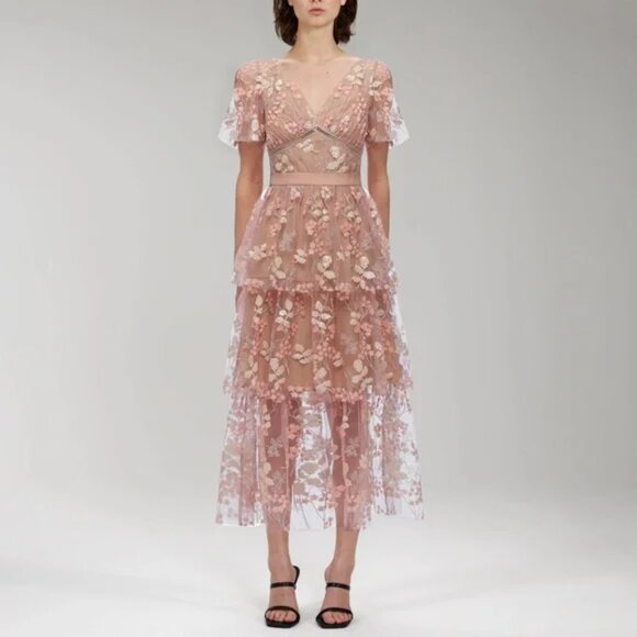 Self-Portrait Flower Tiered Mesh Midi Dress 2 Pink Ruffle Summer Party - Picture 1 of 14